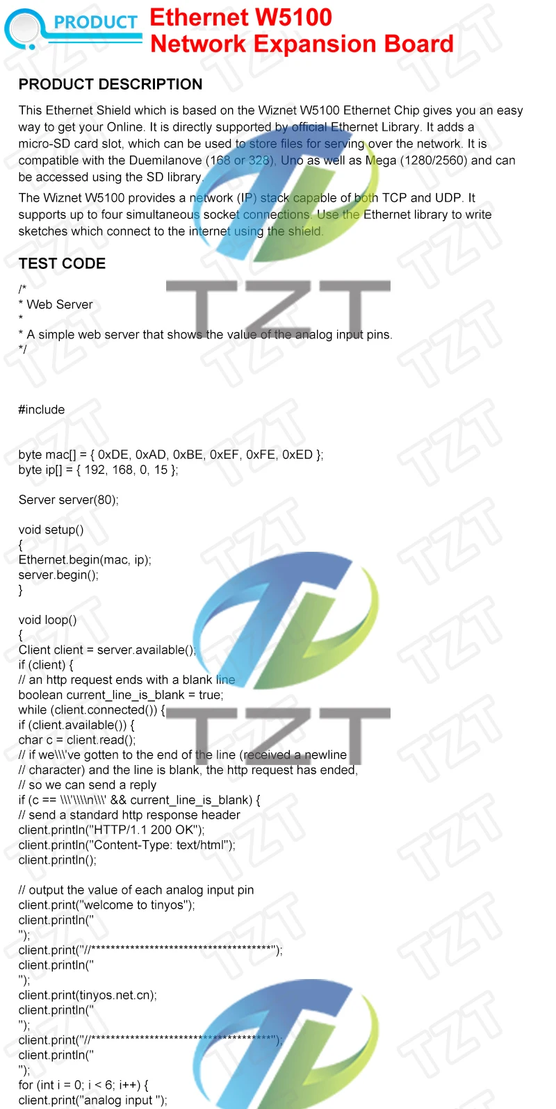 TZT UNOR3 Ethernet W5100 Netzwerkerweiterungsboard SD-Karten-Shield für Arduino mit Mega 2560 R3 Mega2560 REV3 – Detail 1