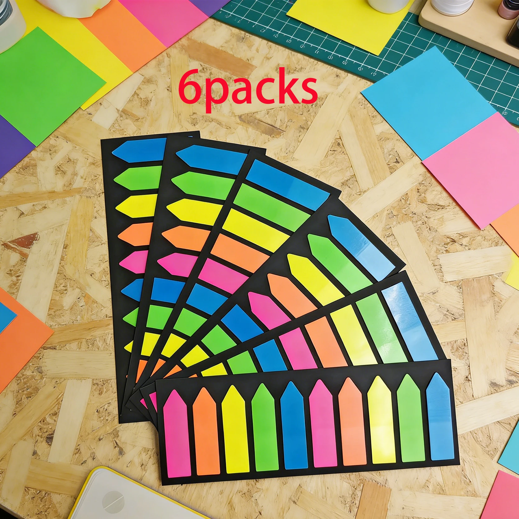 6 Packungen Neon-Pfeil- und Flachindex-Aufkleber, Selbstklebende Seitenmarkierungen, Fluoreszierende Haftnotizen, Beschreibbare Notizblöcke für Bücher, Büro – Detail 6
