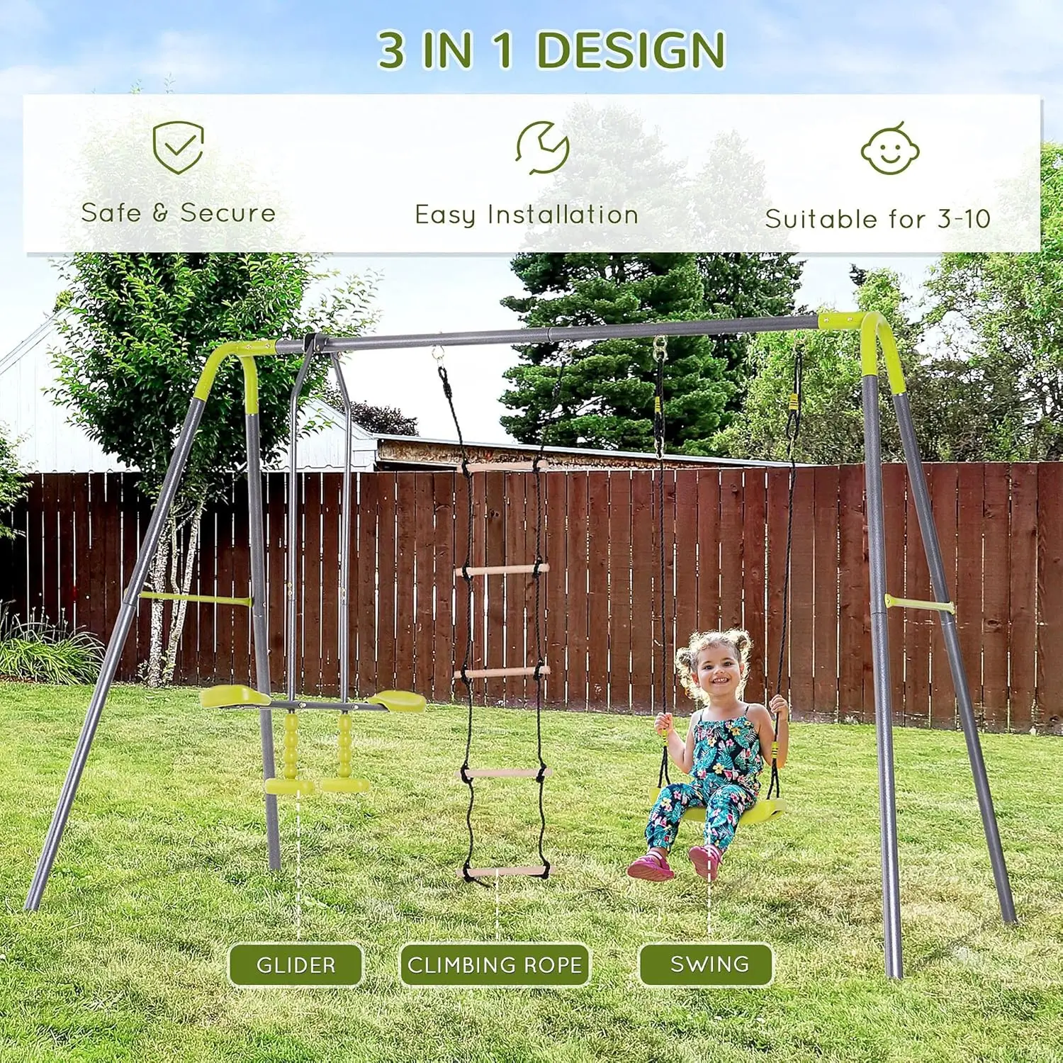 Conjunto de balanço infantil de metal 3 em 1 para quintal com assento de balanço, planador e escada de escalada, estrutura de metal resistente para 4 crianças