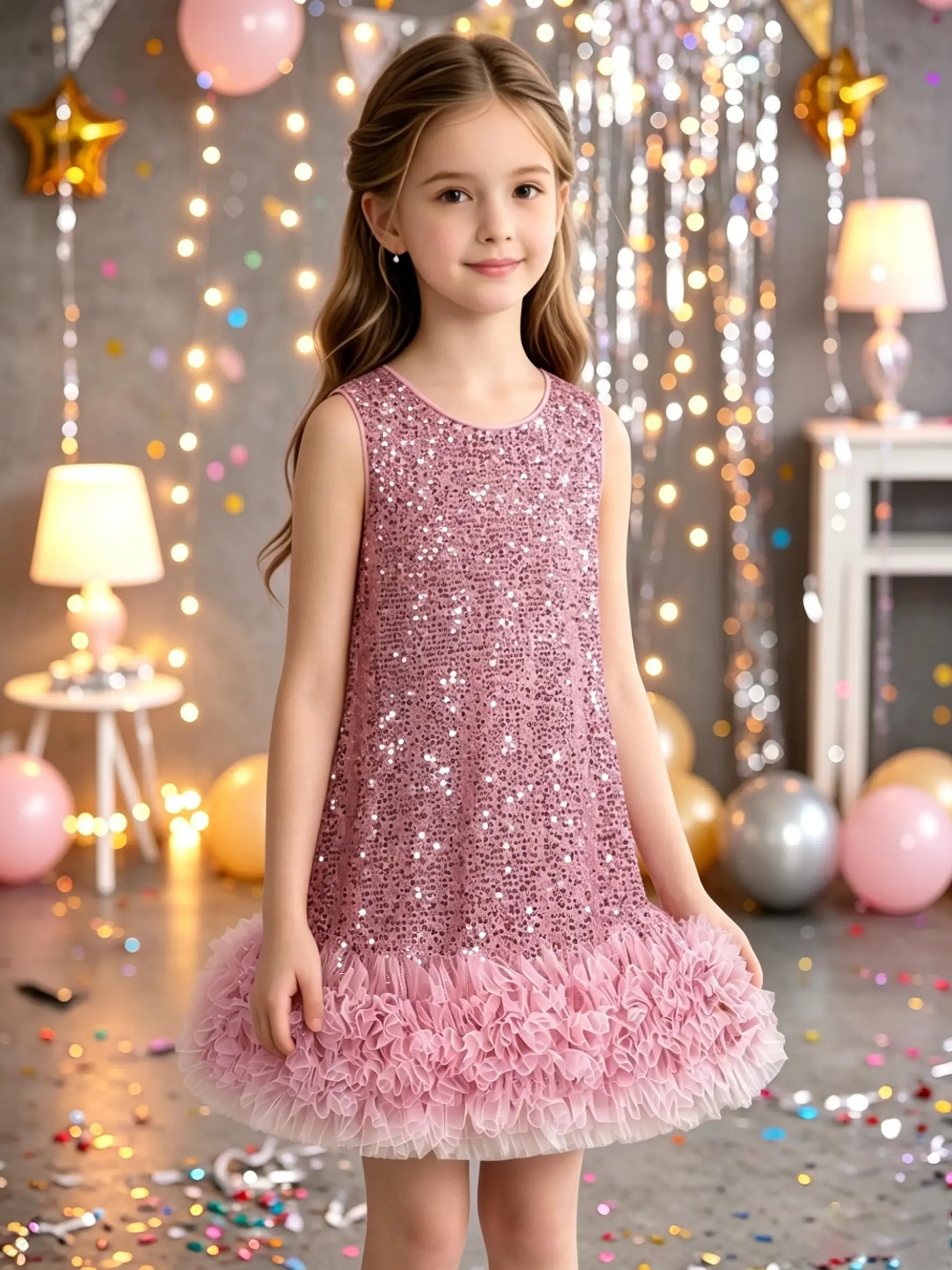 Toddler Girls Sequin Dress Children Sleeveless A Line Sparkly Gown Mesh Party Dress