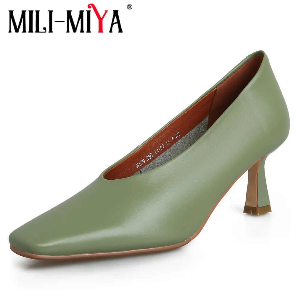 MILI-MIYA Classic Casual Design Women Cow Leather Pumps Solid Color Thick Heels Slip On Square Toe Concise Street Shoes Handmade