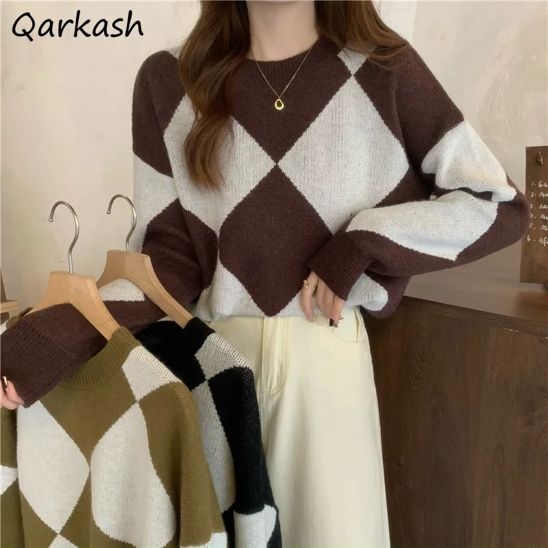 

Pullovers Women Argyle Baggy Retro Unisex Autumn O-neck Student Sweater Chic Stretchy Mujer Couple Casual Ins Knitwear Harajuku