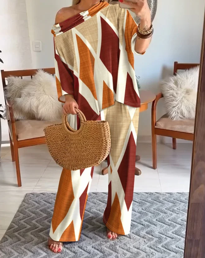 Summer British Style Women's Casual 2-Piece Abstract Print Cold Shoulder Bat Sleeve Top and Casual Wide Leg Pants Set