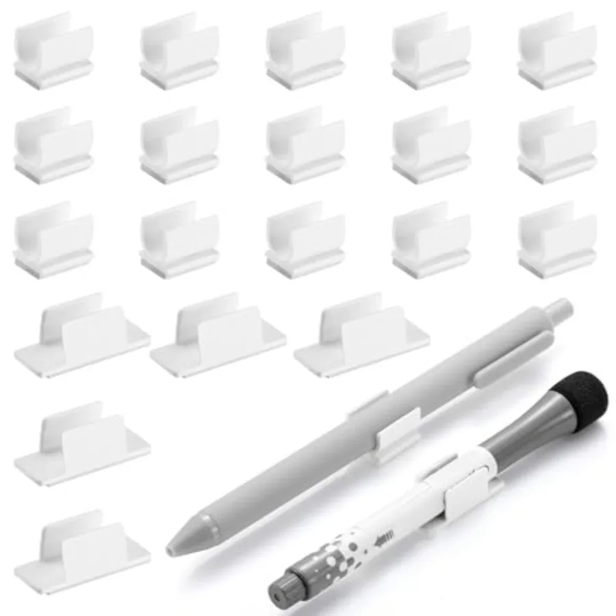 

20 Pieces White Pen Holder Clip 2 Sizes Adhesive Pen Holder for Desk Paint Brush Wall Computer Car Bulletin Board Clipboards