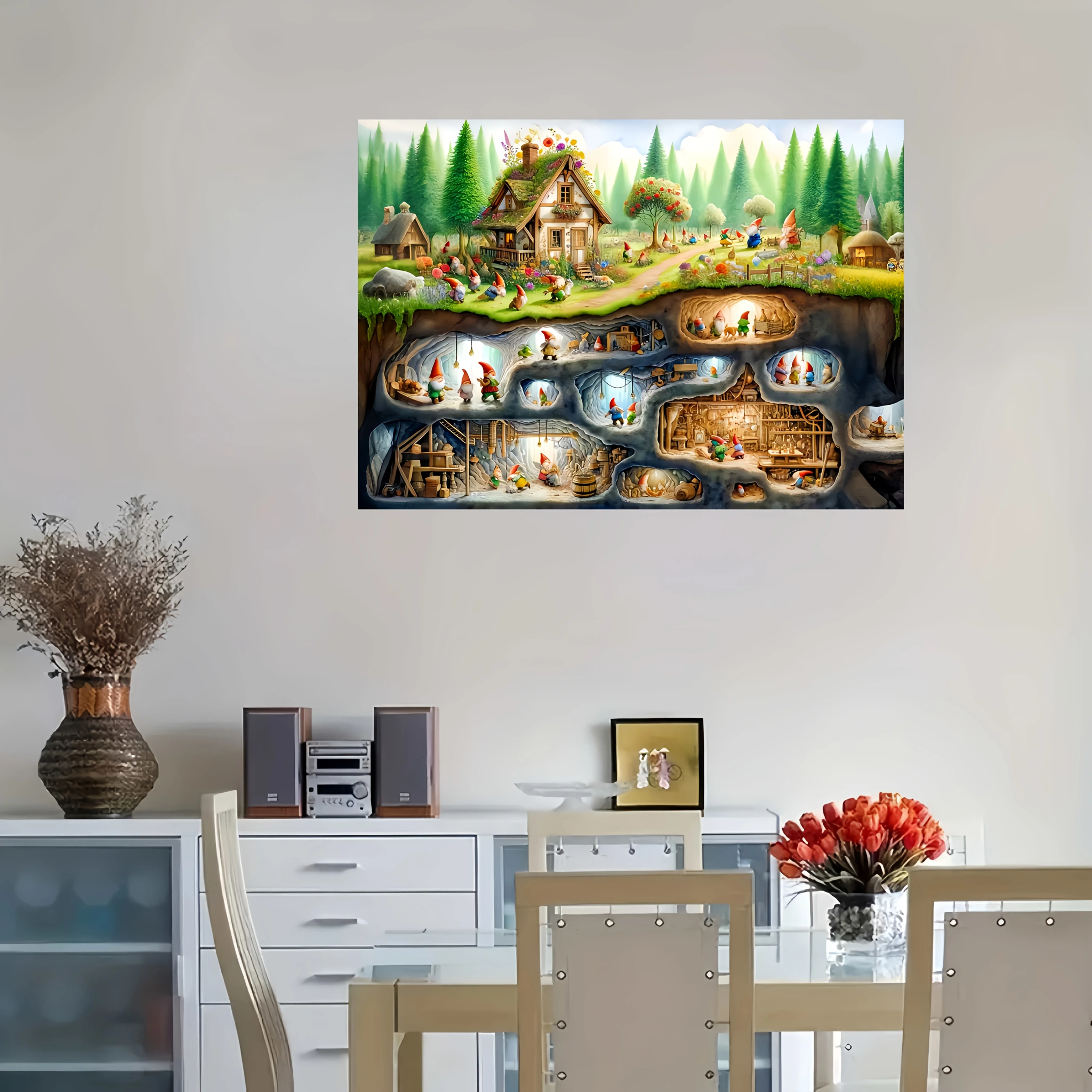 Rompecabezas de cueva de gnomo de 1000 piezas: caprichoso temático enano, cabaña encantadora, brillo mágico, papel duradero, 50.04 cm x 69,85 cm, F