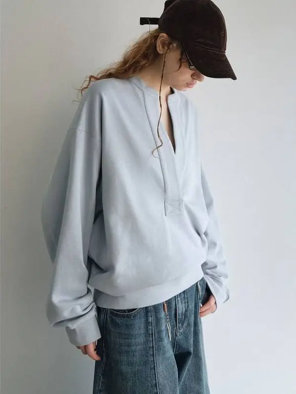 เสื้อสเวตเตอร์คอวีทรงหลวม รุ่น Modern Simple V-Ne รุ่น Hello September V9088 แขนยาว ผ้าคอตตอนผสม สี