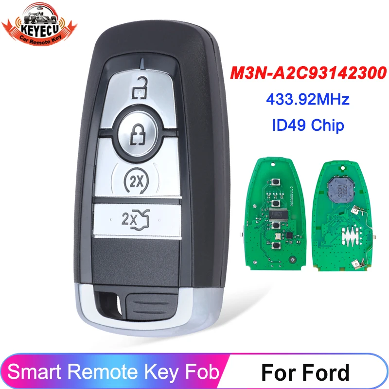 KEYECU 4 Buttons M3N-A2C93142300 433MHz ID​49 Chip For Ford Edge Explorer Fusion Mustang 2018 2019 2020 Smart Key Remote Fob