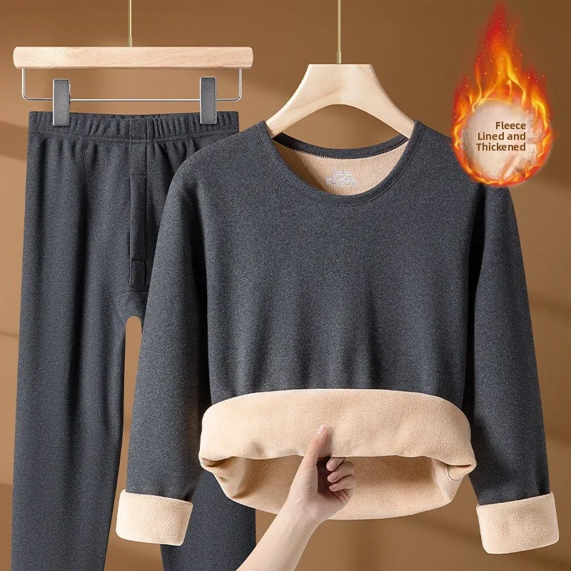 Men's Thermal Underwear Set Fleece Lined Thickened Base Layer Autumn Winter Warm Clothes Straight Leg Long Sleeve round Neck
