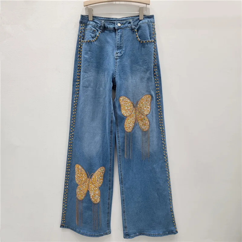 WTHT 2025 Winter New Fashion Women Butterfly Diamonds Tassel Design Straight Jeans Trendy High Waist Denim Pants Female 1LS2743