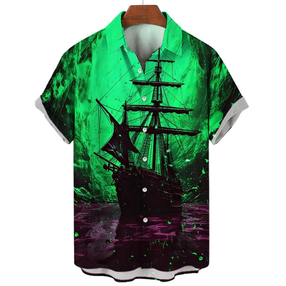 New Unisex Retro Men\'s Hawaiian Shirt Plus Size Shirt Sailboat Compass Marine 3d Print Retro Men\'s Shirt Loose Short Sleeve