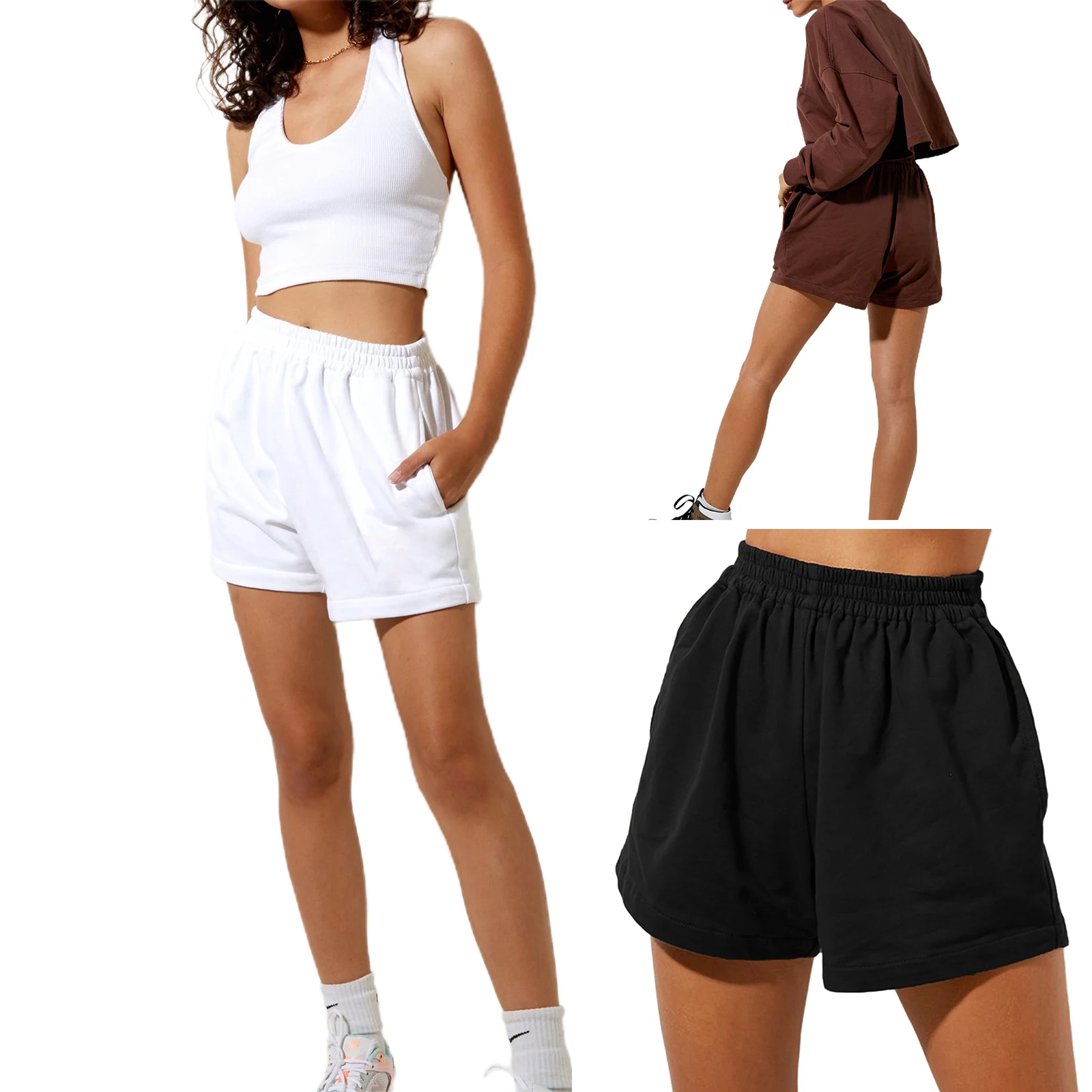 New Women Casual Basics Loose Style Shorts, Solid Color Elastic High Waist Sweatpants with Pockets