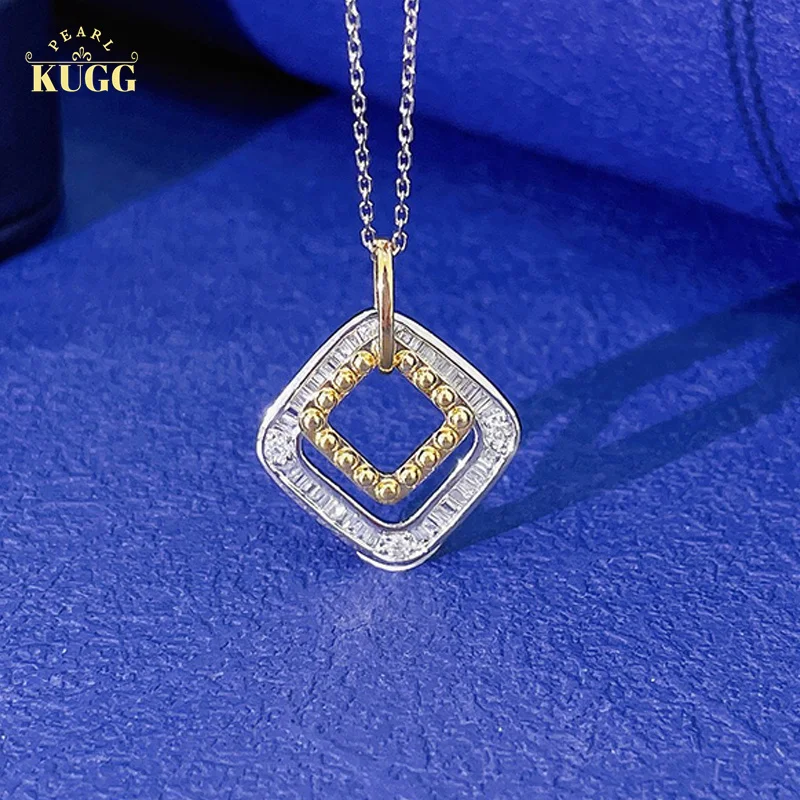 KUGG 18K White and Yellow Gold Necklace Real Natural Diamond Pendant Fashion Double Square Shape Shiny Party Jewelry for Lady