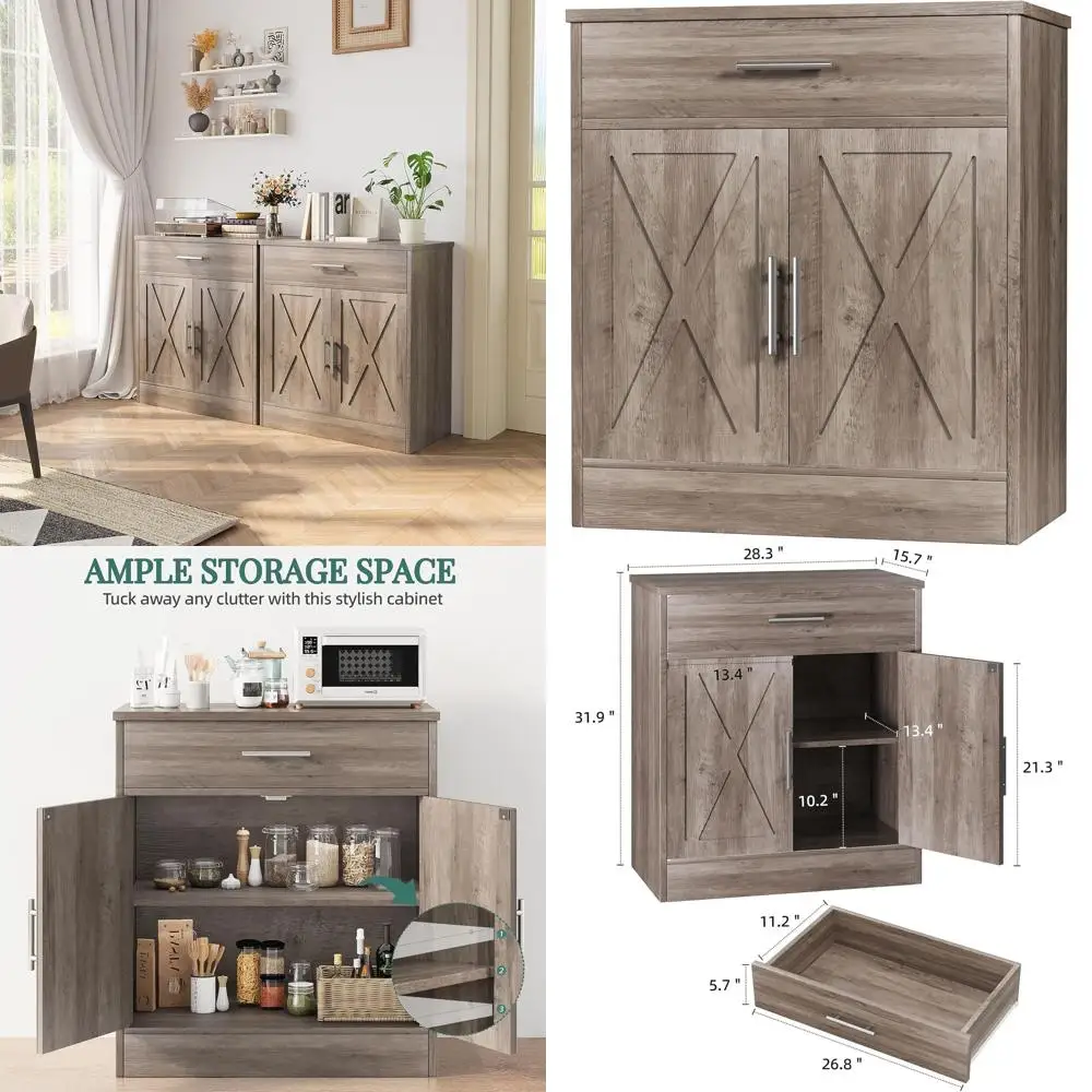 

Ash Grey Barn-Style Storage Cabinet with Doors, Shelves, and Drawers for Kitchen, Dining, Living Room, and More
