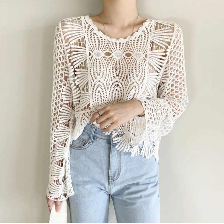 Boho Crochet Knit Top for Women Embroidery Lace Long Sleeve Openwork Pullovers Summer Cover Up Vacation Outfit