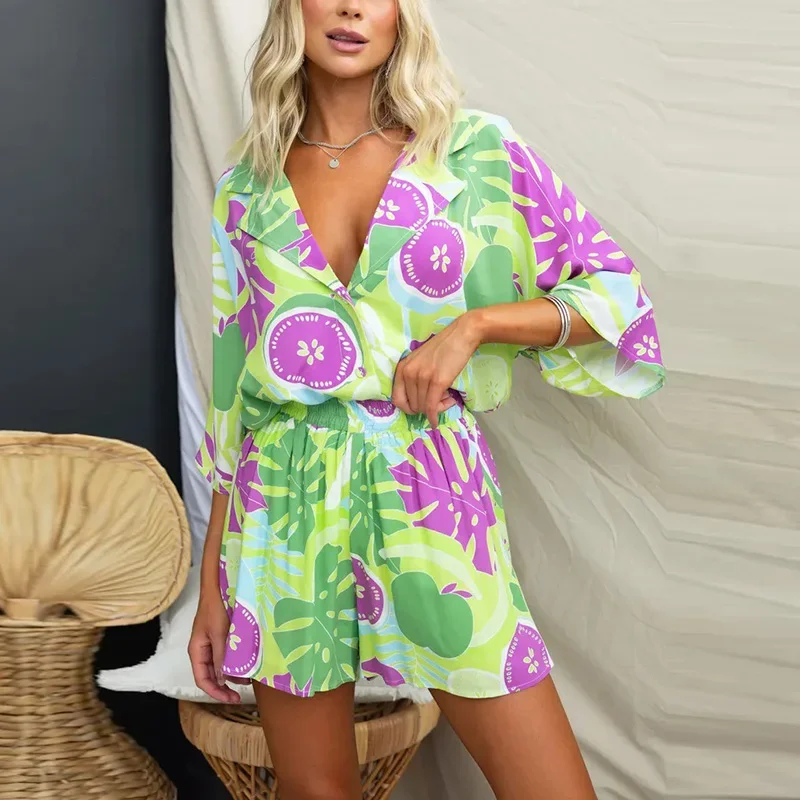 Summer Beach Holiday Tow Piece Set Women Casual Short Sleeve Flower Printed Button Shirt Cardigan Shorts Suit Female 2024