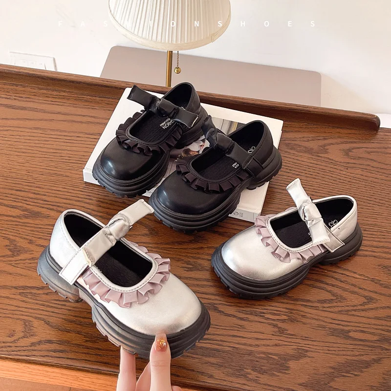 Petites chaussures en cuir pour filles, chaussures à plateforme avec nœud vent, bouche carrée, princesse, nouvelle collection printemps et automne 2025