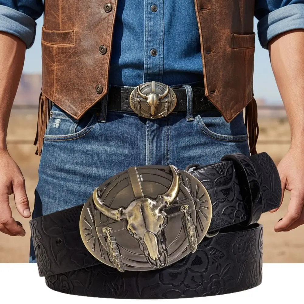 Luxury Carved Western Cowboy Belt Cow Head Buckle Retro Embossed Belt Vintage Jeans Pants Belt For Man Women