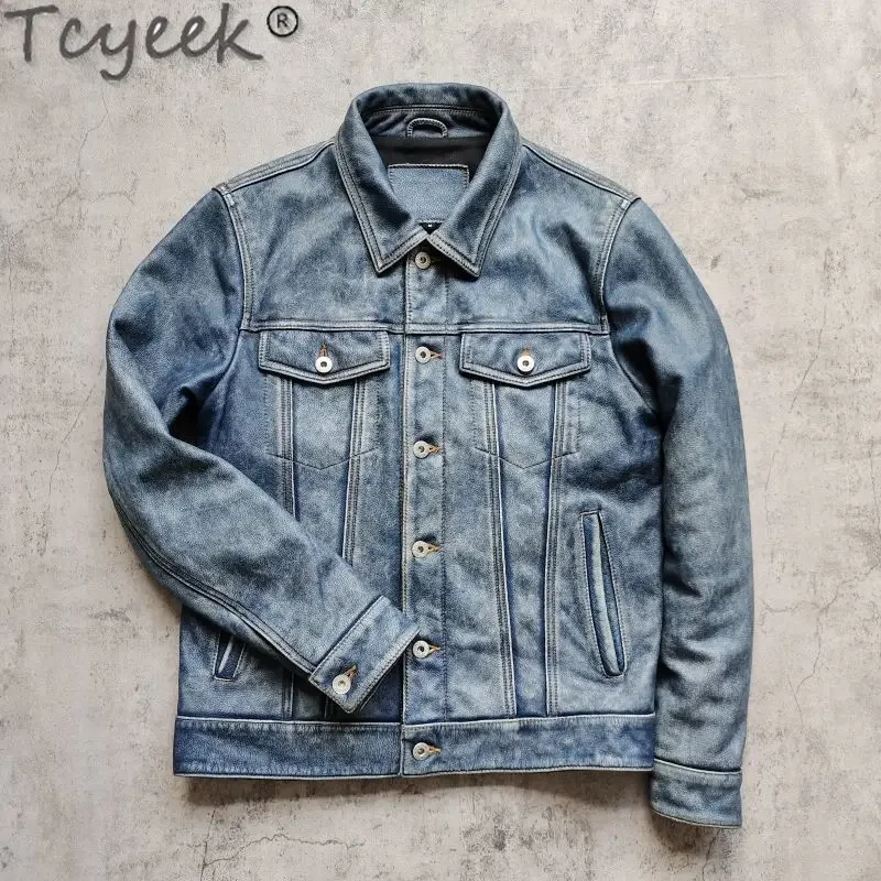 Tcyeek Genuine Leather Man Jackets Top Layer Cowhide Coats Spring Autumn Leather Coat Men Jacket Slim Fit 2024 Jaqueta Couro