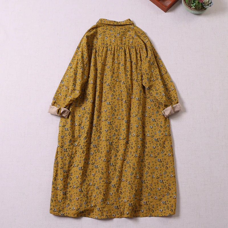 Vintage Bohemian Style Floral Long-sleeved Dress Women Spring Autumn Single Breasted Medium-length Loose Casual Dresses Vestidos