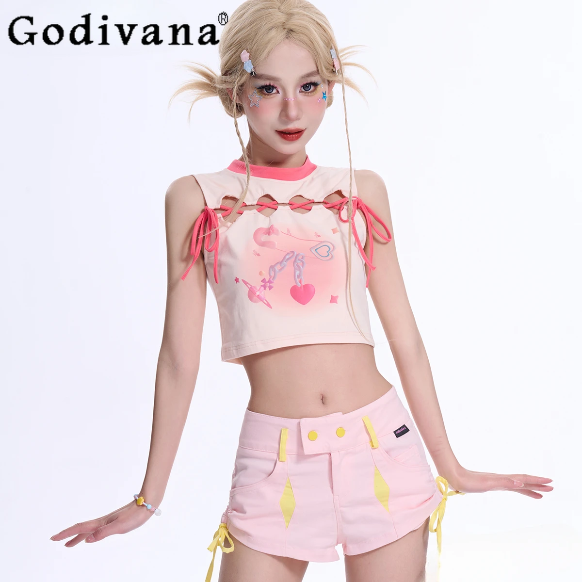 

Japanese Sweet Y2k Girl Pink Vest Summer New Fashion Slim-Fit Exposed Navel Tanks Printed Strap Short Tank Tops for Women