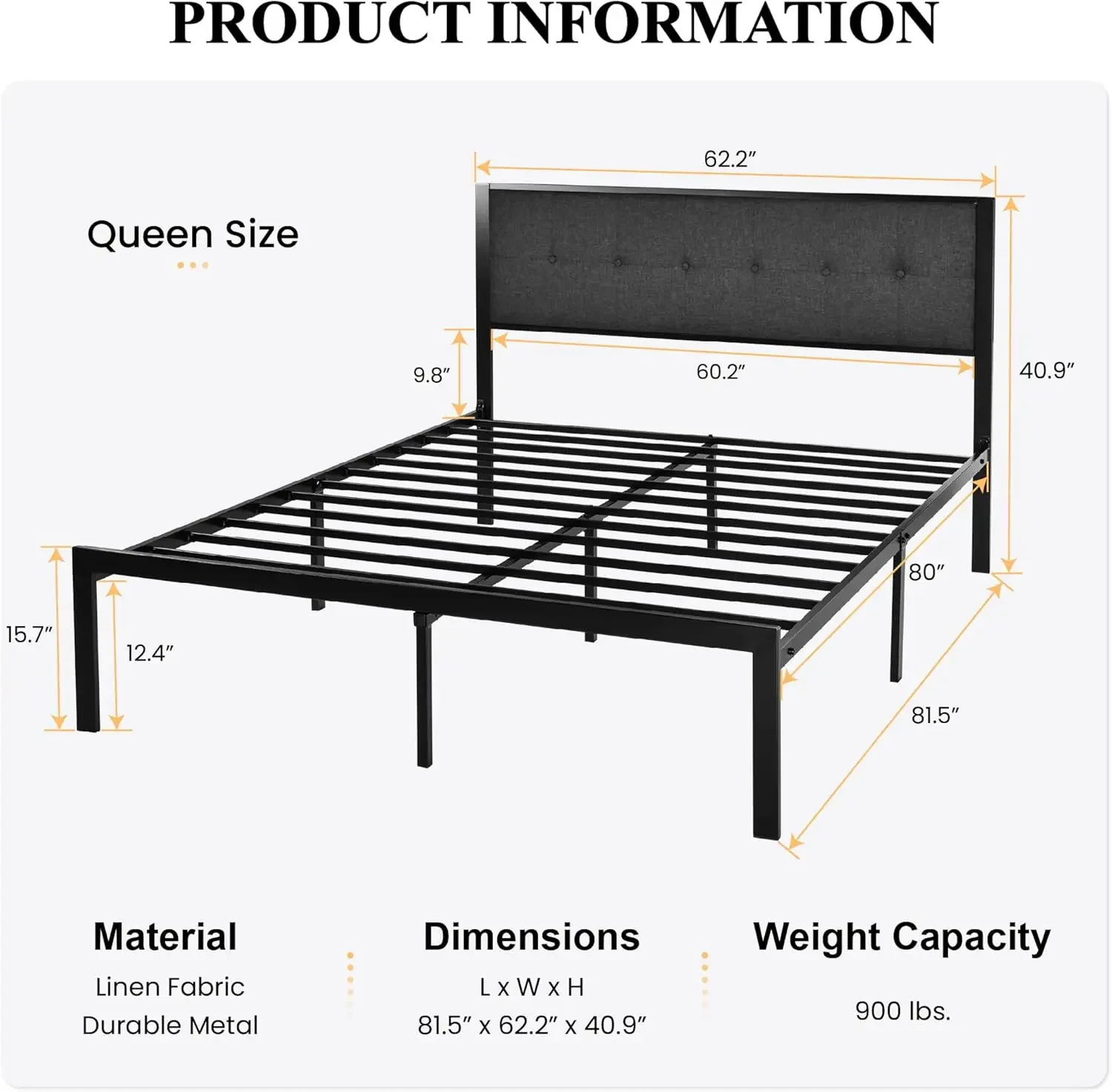 Металлический каркас кровати размера «queen-size» с мягким изголовьем, опора из 17-стальных ремней, коробчатая пружина не требуется, простая сборка, темно-серый