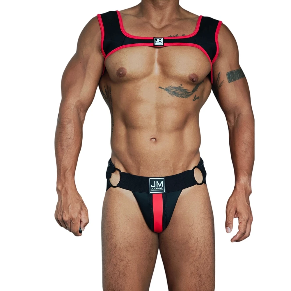 JOCKMAIL Men Harness Shoulder Strap Tank Top Jockstrap Two Piece Bodysuit  Lingerie Sets Neoprene Adjust   Athletic Supporters