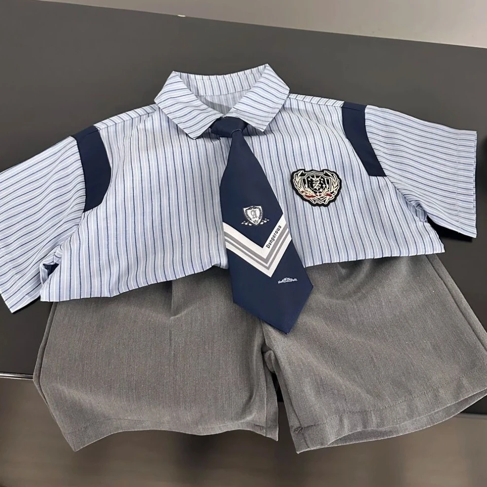 Boys Summer Set Boys' Academy Stripe Set for Boys Striped College Style Shirt With Tie Baby Clothes Boys' Casual Shorts