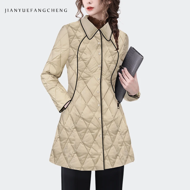 

Mid-length Down Jacket Women 2023 Winter New Warm Lightly White Duck Down Padding Puffer Coat Elegant Shirt Collar Slimming Coat