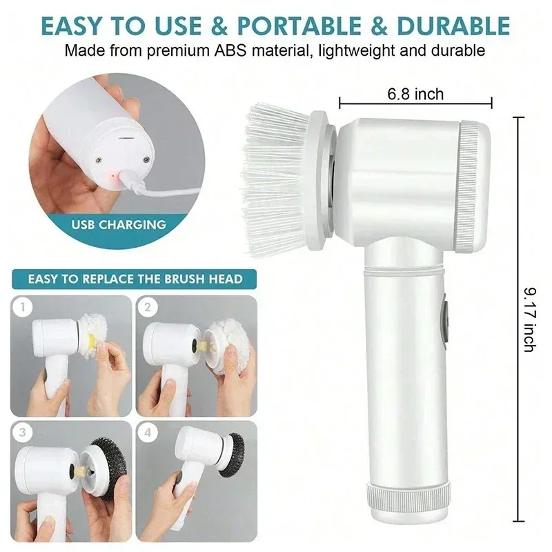 Electric Cleaning Brush Handheld Cleaning Brush With 5 Replaceable Brush Heads Electric Spin Scrubber Bathroom Cleaning Brush