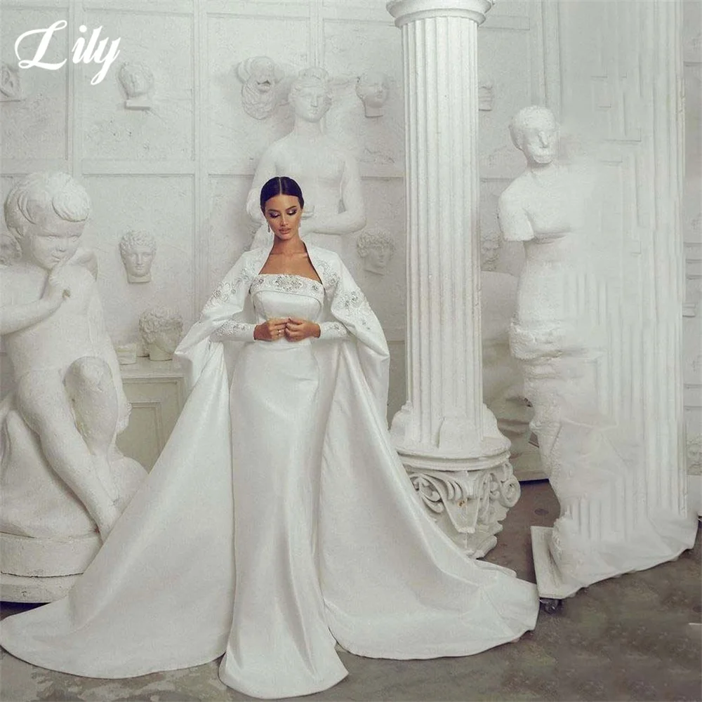 

Lily White Evening Gown Off Shoulder Prom Dress Long Sleeve Wedding Evening Dress Beading On Chest robes de soirée Customized