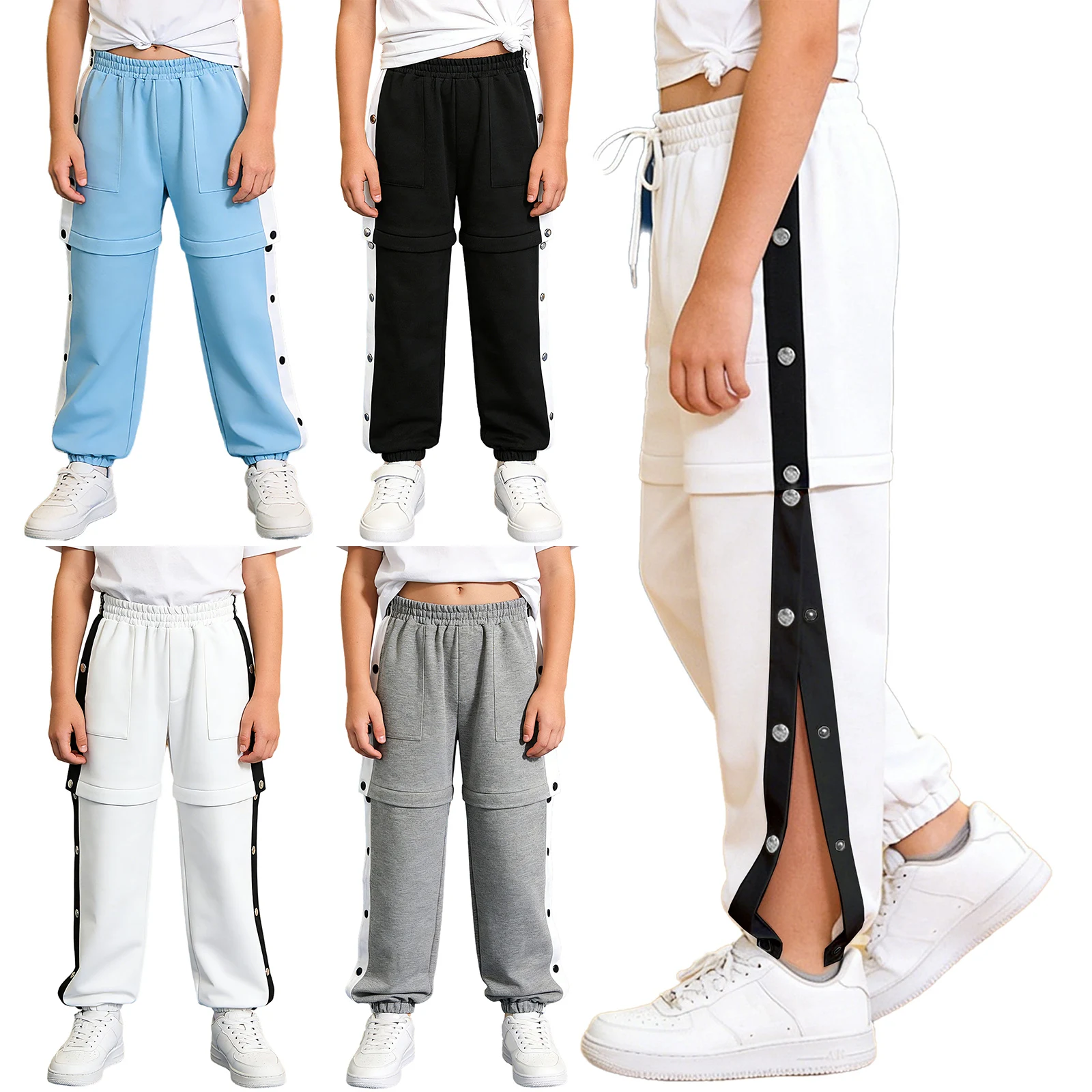 Kinder Jungen Workout Basketball Hosen Hosen Dehnbare Seite Split Druckknopf Zip-off Hosen Kontrast Trim Jogginghose Sportbekleidung