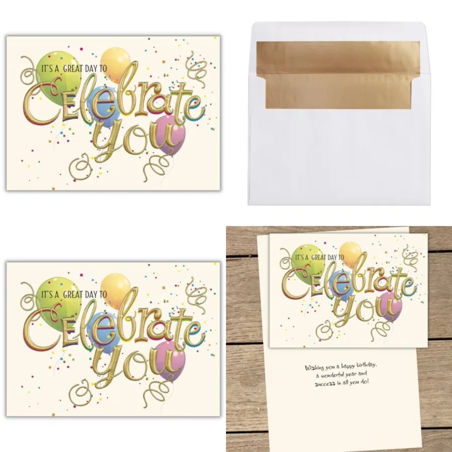 

25 Employee Birthday Cards - "Celebrate You" design with Gold Foil Embossing - 26 Gold Foil Lined Envelopes - FSC Mix
