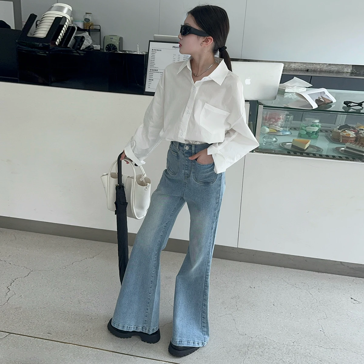 

autumn Celebrity style cotton junior girls white shirt/Cowboy bell bottom pants school girl clothes 8 10 12 14 child tops jeans