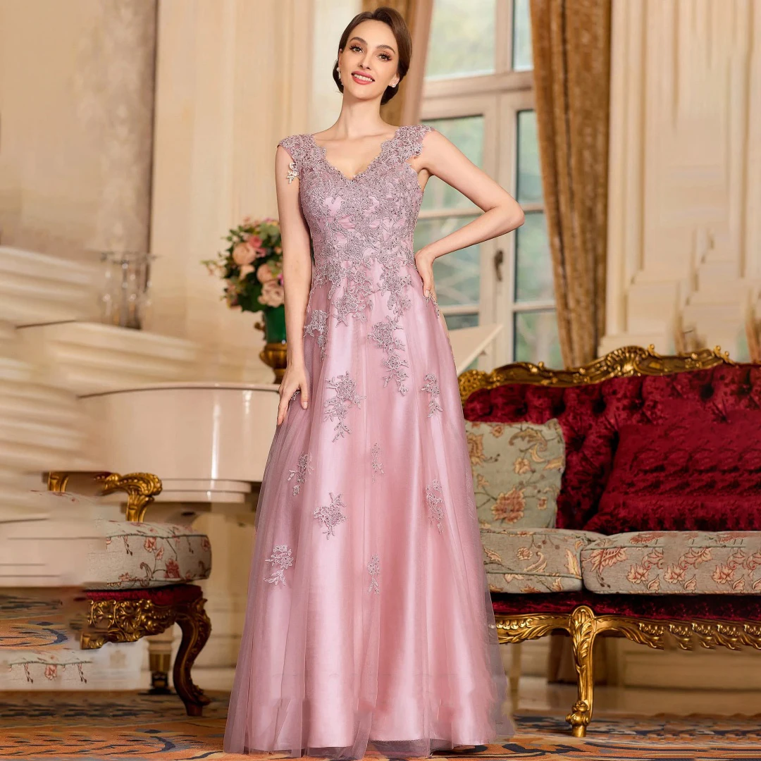 

Tulle Lace Double V-neck Sleeveless Mother of the Bride Dresses Elegant Cap Sleeves A-line Floor-Length Wedding Guest Mom's Gown