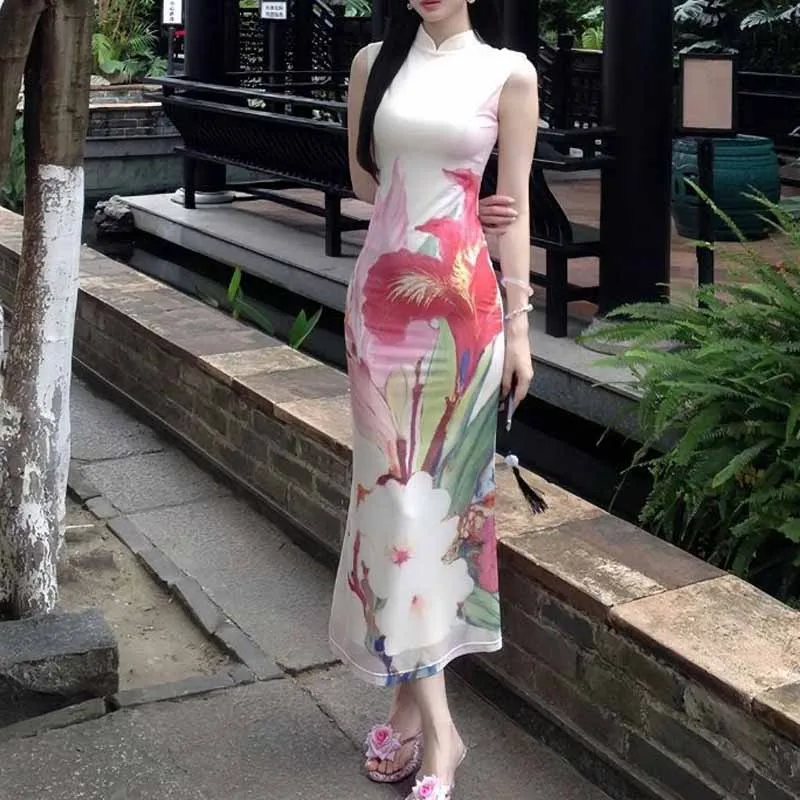 Lady Cheongsam Sleeveless Print Flower Sexy Qipao Slim Mandarin Collar Chinese Dress Dance Party Elegant Exquisite Vestidos