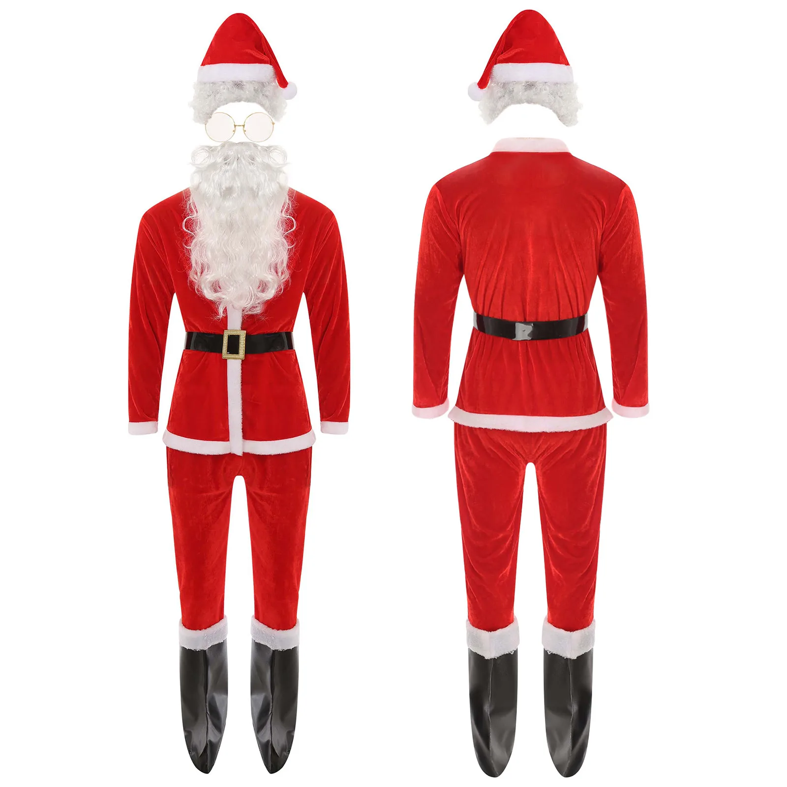 

Santa Claus Outfits Mens Christmas Cosplay Costumes All Red Top with Pants Hat Gloves Wig Beard Belt Shoes And Eye-glasses Set