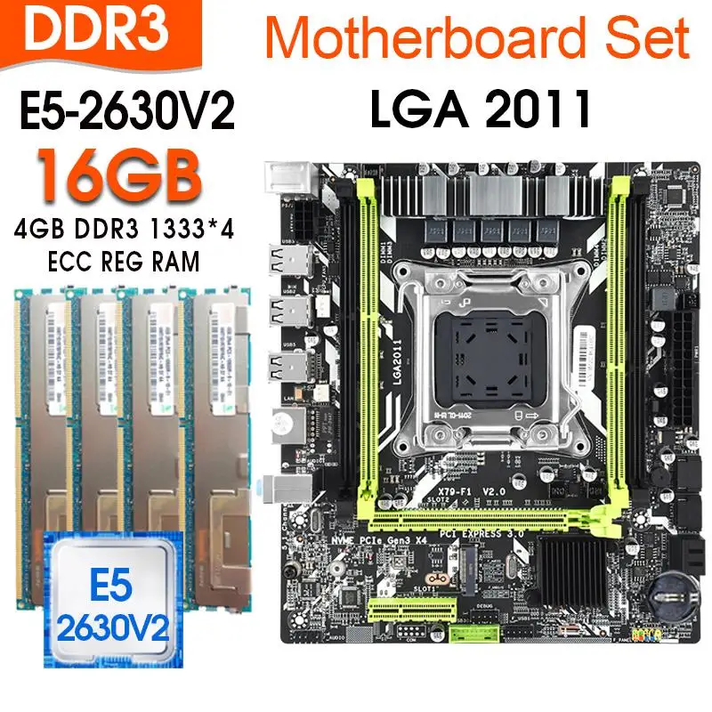 Go! X79 LGA 2011 Motherboard set with Xeon E5 2630V2 CPU 4pcs x 4GB=16GB memory DDR3 ECC RAM 1333Mhz Combos NVME M.2 slot