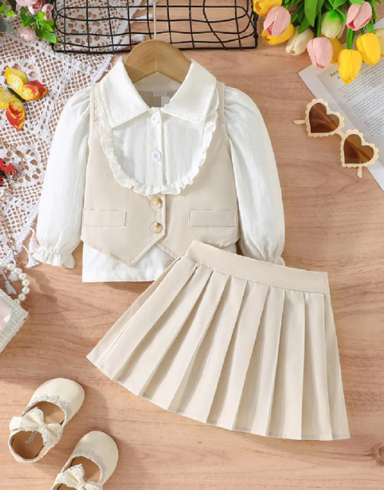 

2024 New Winter Children Sets Long Sleeve T-shirt Ruffles Vest Pleated Skirts 3 Pcs Roupa Infantil Menina Clothes Sets 3M-3T