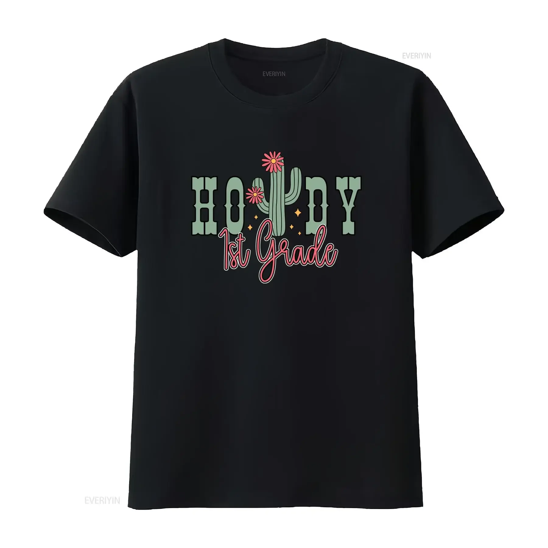 Retro Western Howdy 1st Grade Cactus Floral Print Back To School Casual T Shirt vintage Washed Breathable Stylish streetwear