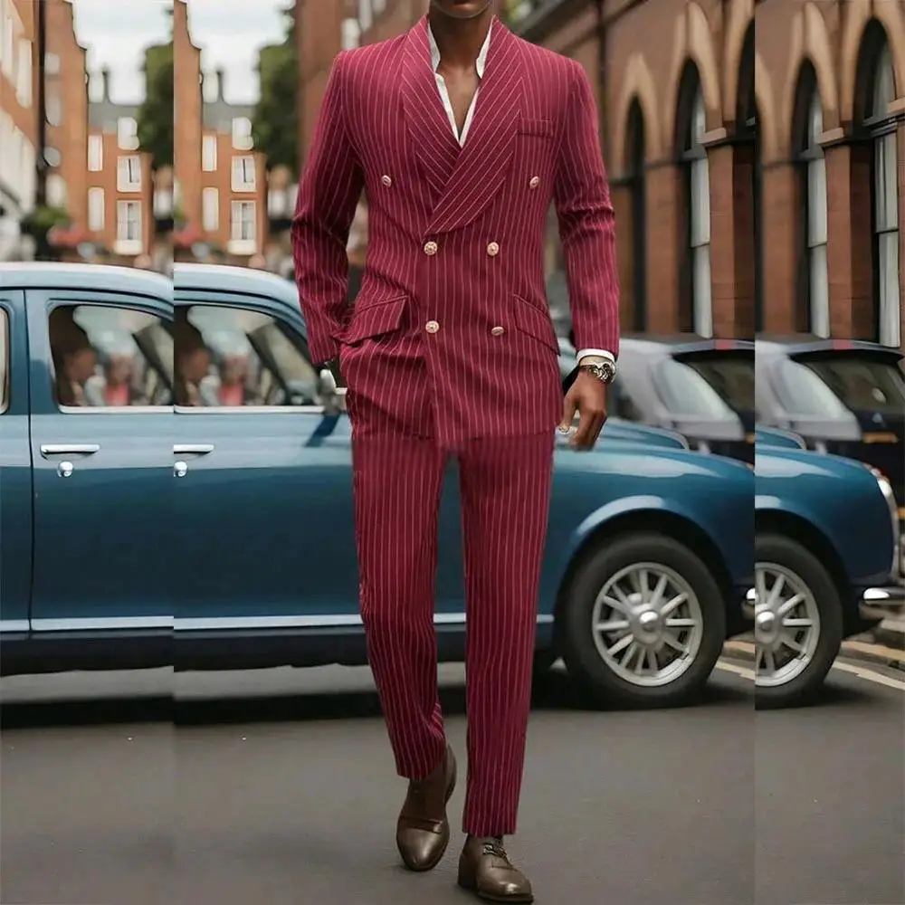 

Burgundy Stripe Shawl Lapel Men's Suits Double Breasted Wedding Male Clothing High Quality 2 Piece Jacket Pants Sets