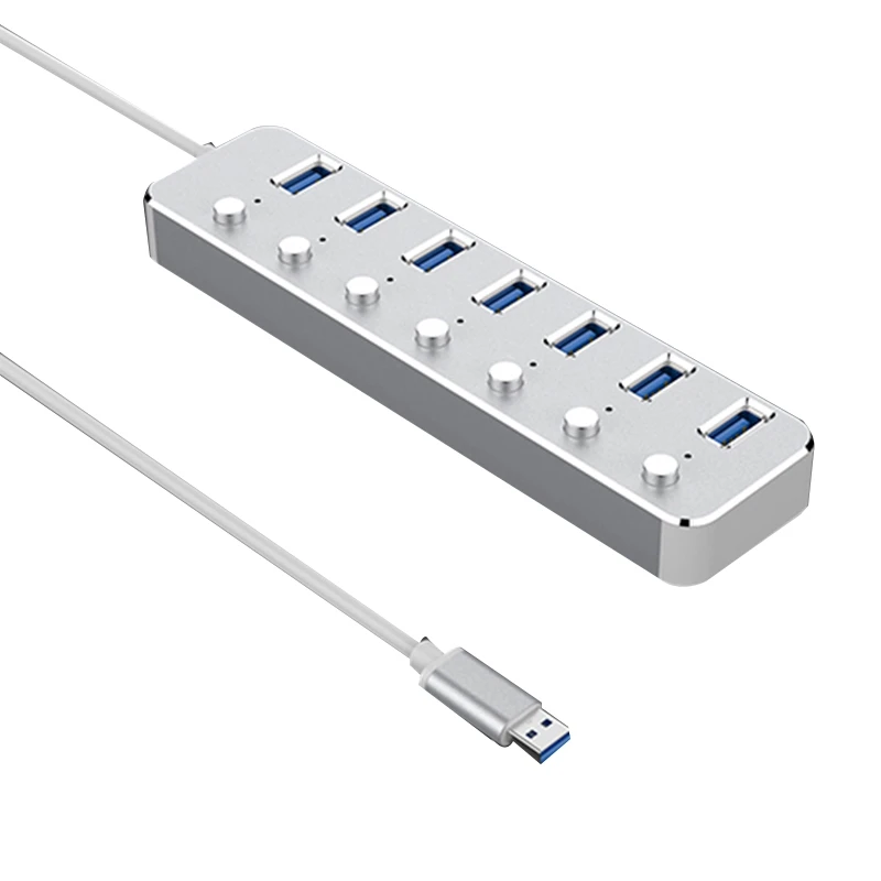 Aluminum Alloy 7 Ports USB 3.0 Hub Sub-Control Switch HUB 60 Cable Upto 5Gbps Splitter(EU Plug)