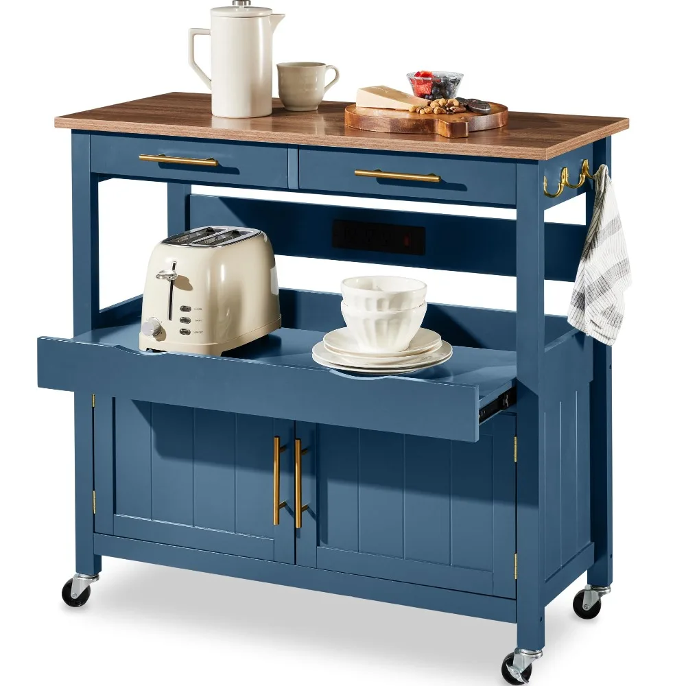 36in Large Rolling Kitchen Island Cart, 2-Door Cabinet, 2 Drawers, Pull-Out Shelf, Power Outlet, Hooks, & Swivel