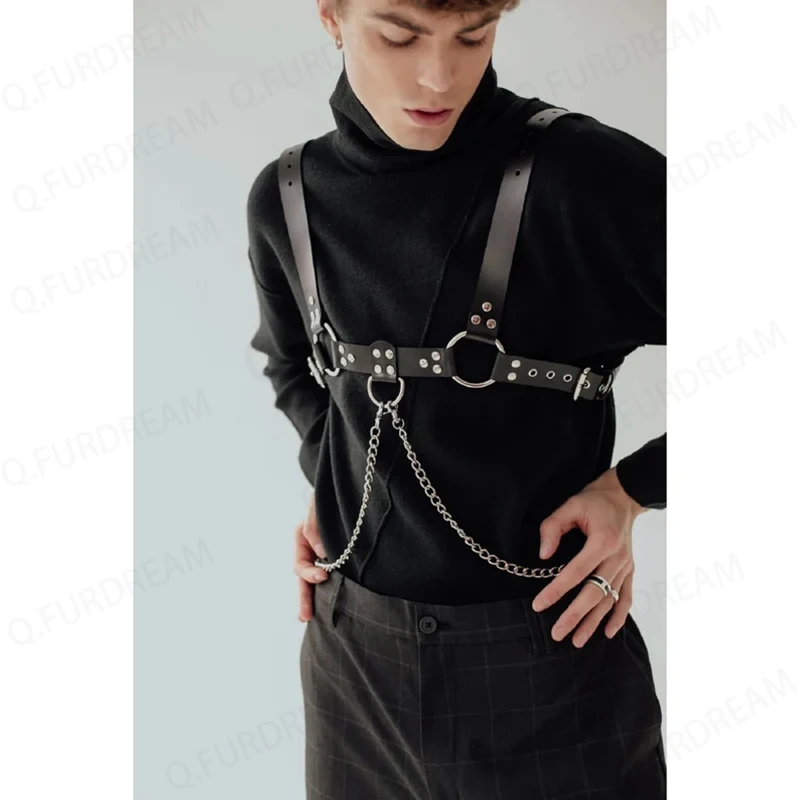 Gay Men\'s PU Leather Chest Harness with Chain Suspenders Body Harness Festival Wear Carnival Rave Outfit Black Men Accessories