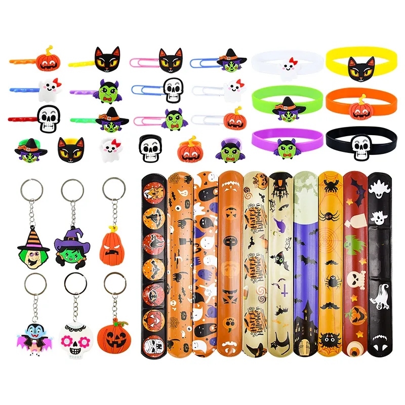 

6/10pcs Halloween Keychains Rings Bracelet Hairpin Straws Slap Bracelets Ghost Pumpkin Skull Witch Pattern Party Decorations