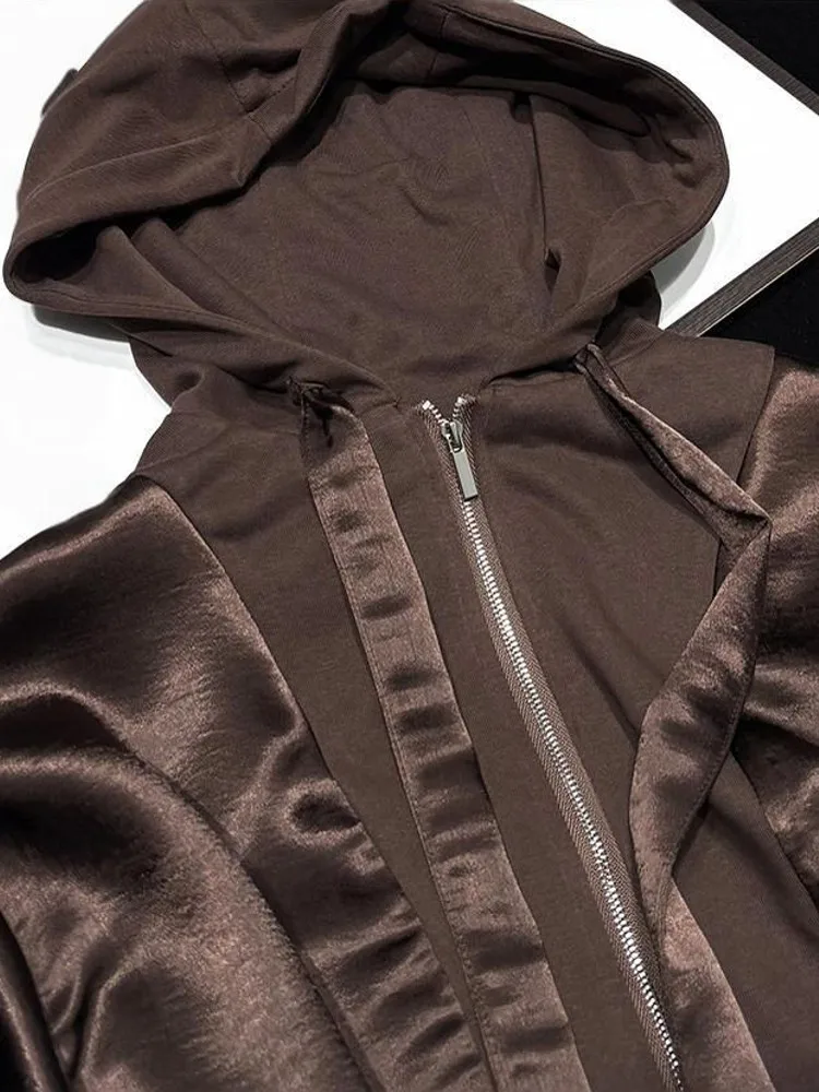 Women Dark Brown Hooded Zipper Spliced Lmitation Satin Glossy Finish Jacket Long Sleeve Short Jackets High Waist Coats Outerwear