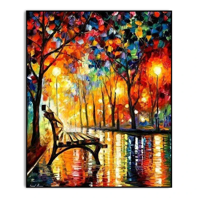 Handmade Knife Oil Paintings Colours  on Canvas Impressionist Leonid Afremov  Textured Art Raining Night Landscape