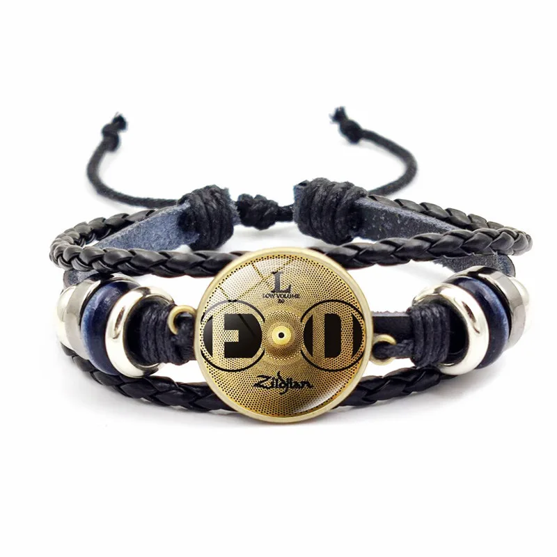 Retro Drummer Cymbals Bracelet for Men Women DJ Vinyl Record Gramophone Pattern Glass Button Leather Bracelets Bangle