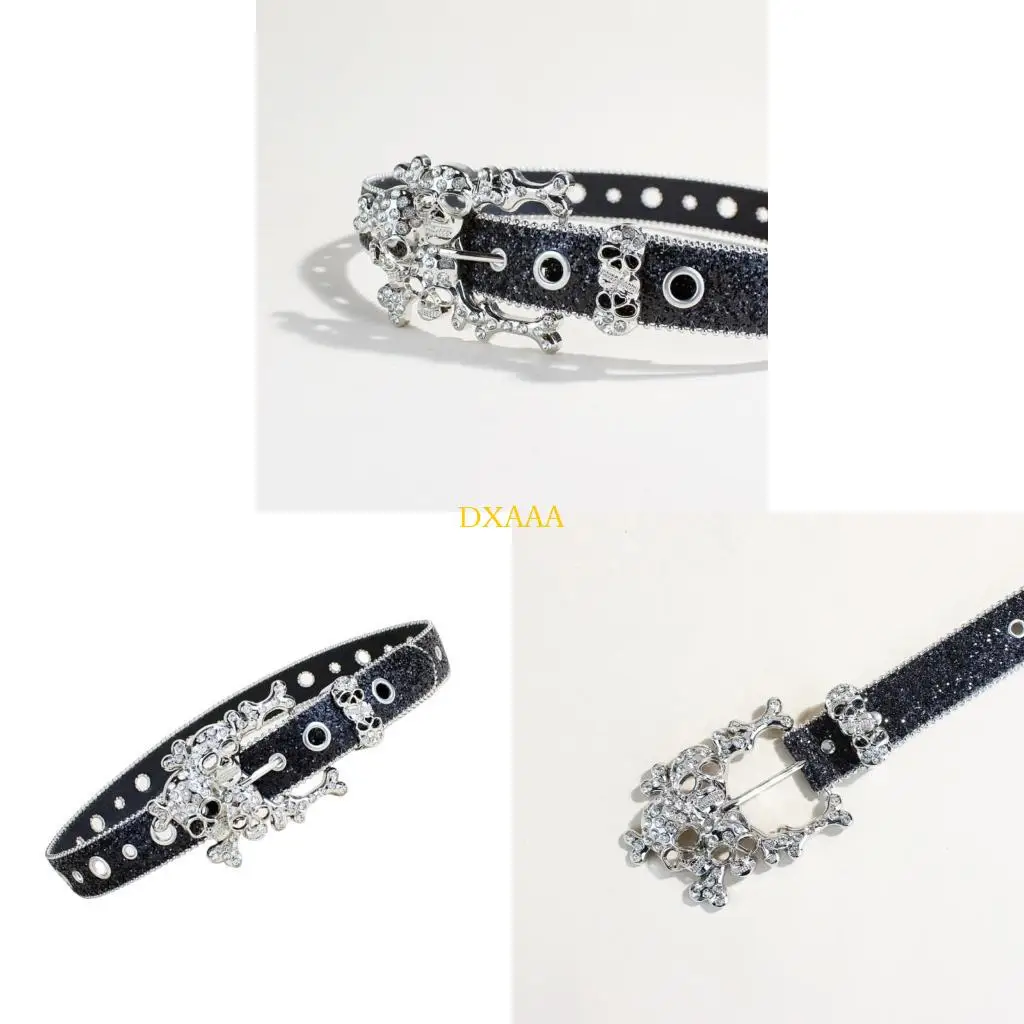 DXAA Eye Catching Crystal Skull Buckle Belt for Music Festival and Street Jeans Pants