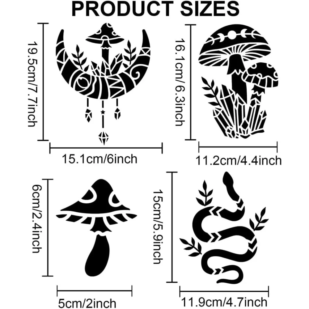 استنسل على شكل فطر الثعبان مقاس 11.8 × 11.8 بوصة استنسل سحري قابل لإعادة الاستخدام مع فرشاة طلاء قالب نمط أوراق كريستال على شكل نجوم