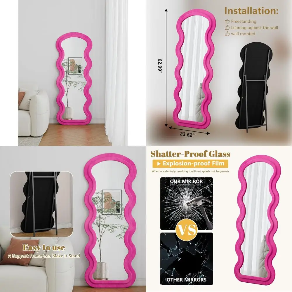 Grande espelho de chão ondulado de comprimento total com tecido de flanela, espelho de parede independente de 63 x 24 para visualização de corpo inteiro